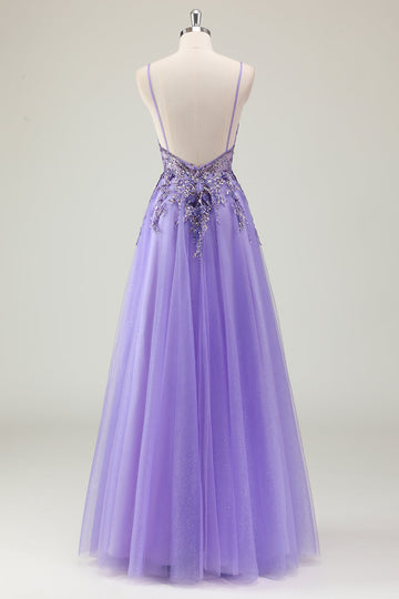 Purple A Line Spaghetti Straps Sequin Tulle Formal Dress with Appliques